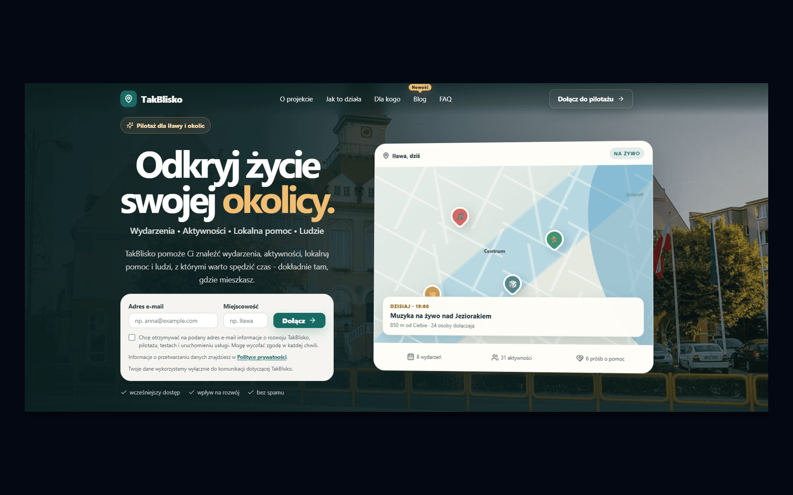 TakBlisko homepage showing the local discovery map and sign-up form